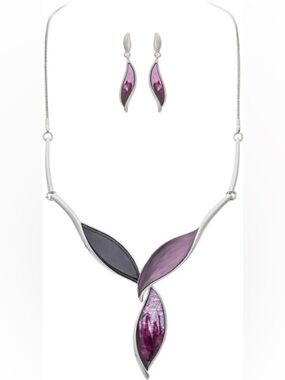 Leaf Trio Purple Necklace and Earring Set - Women Jewelry